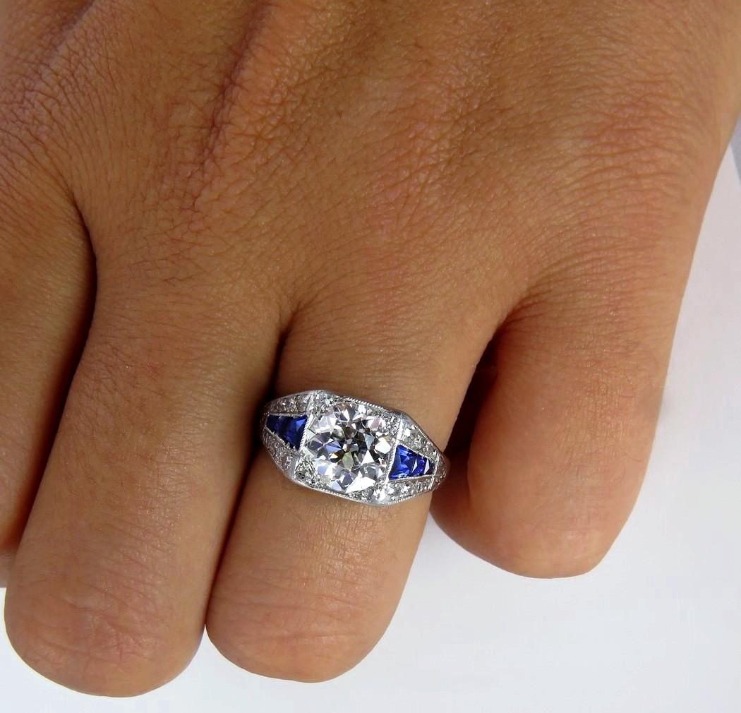 Art Deco GIA 2.37ct Old Euro Diamond & French Sapphire Platinum Engagement Ring 5