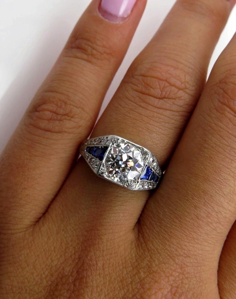 Art Deco GIA 2.37ct Old Euro Diamond & French Sapphire Platinum Engagement Ring 6