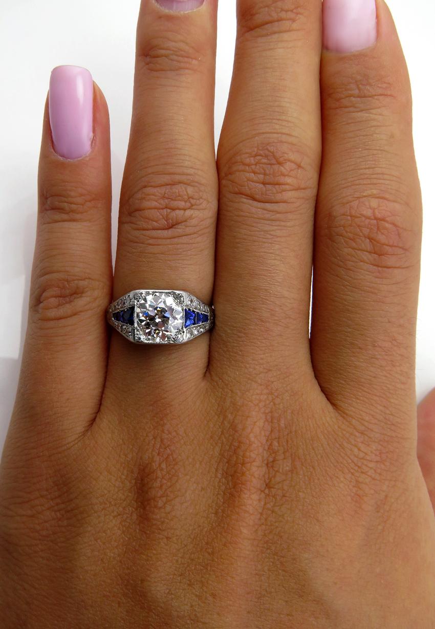 Art Deco GIA 2.37ct Old Euro Diamond & French Sapphire Platinum Engagement Ring 7