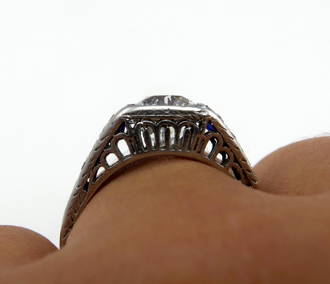 Art Deco GIA 2.37ct Old Euro Diamond & French Sapphire Platinum Engagement Ring 8