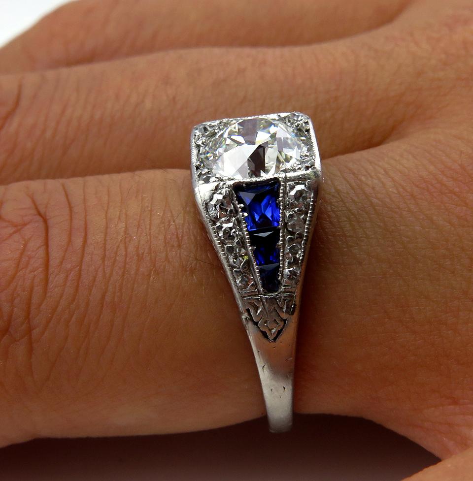 Art Deco GIA 2.37ct Old Euro Diamond & French Sapphire Platinum Engagement Ring 9