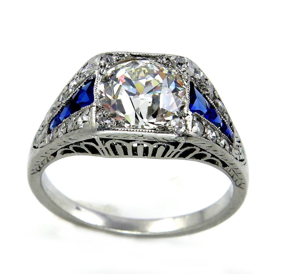 Old European Cut Art Deco GIA 2.37ct Old Euro Diamond & French Sapphire Platinum Engagement Ring