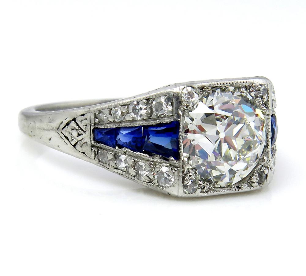 Art Deco GIA 2.37ct Old Euro Diamond & French Sapphire Platinum Engagement Ring In Good Condition In New York, NY