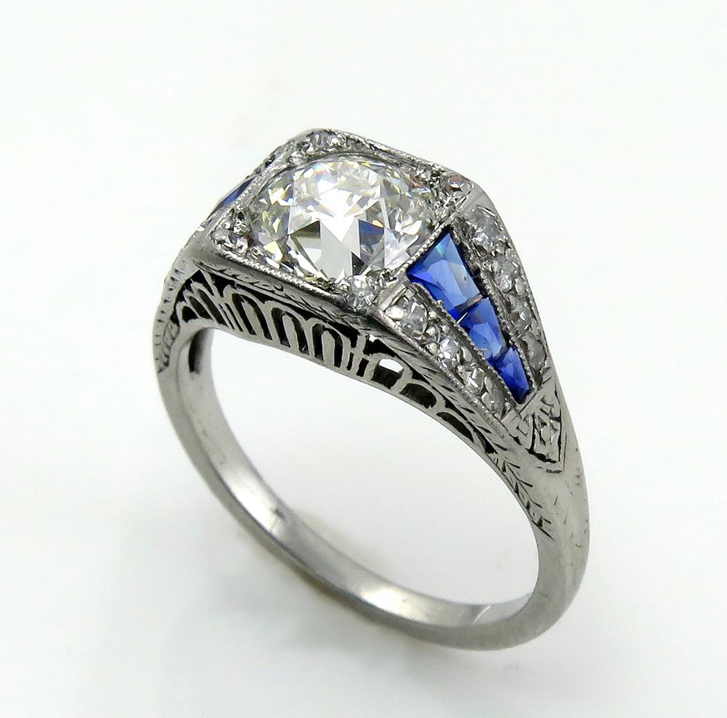 Women's Art Deco GIA 2.37ct Old Euro Diamond & French Sapphire Platinum Engagement Ring
