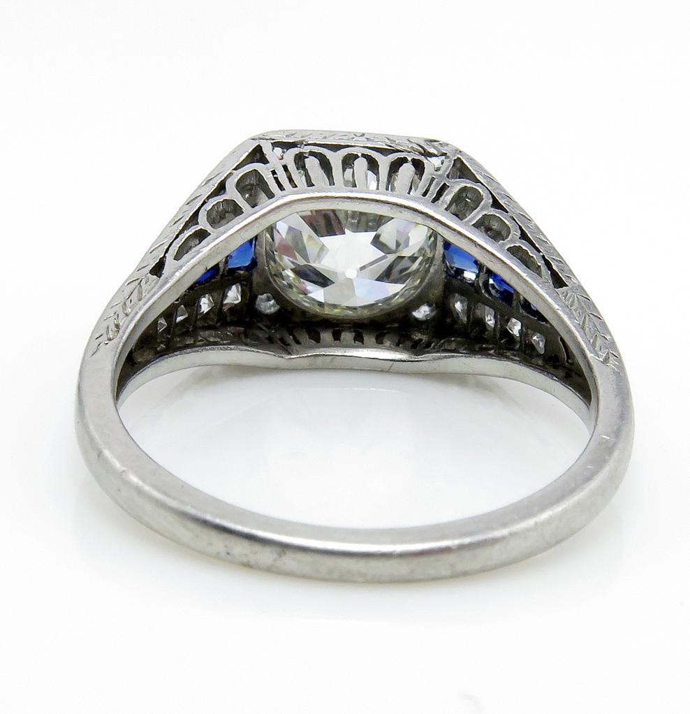 Art Deco GIA 2.37ct Old Euro Diamond & French Sapphire Platinum Engagement Ring 1