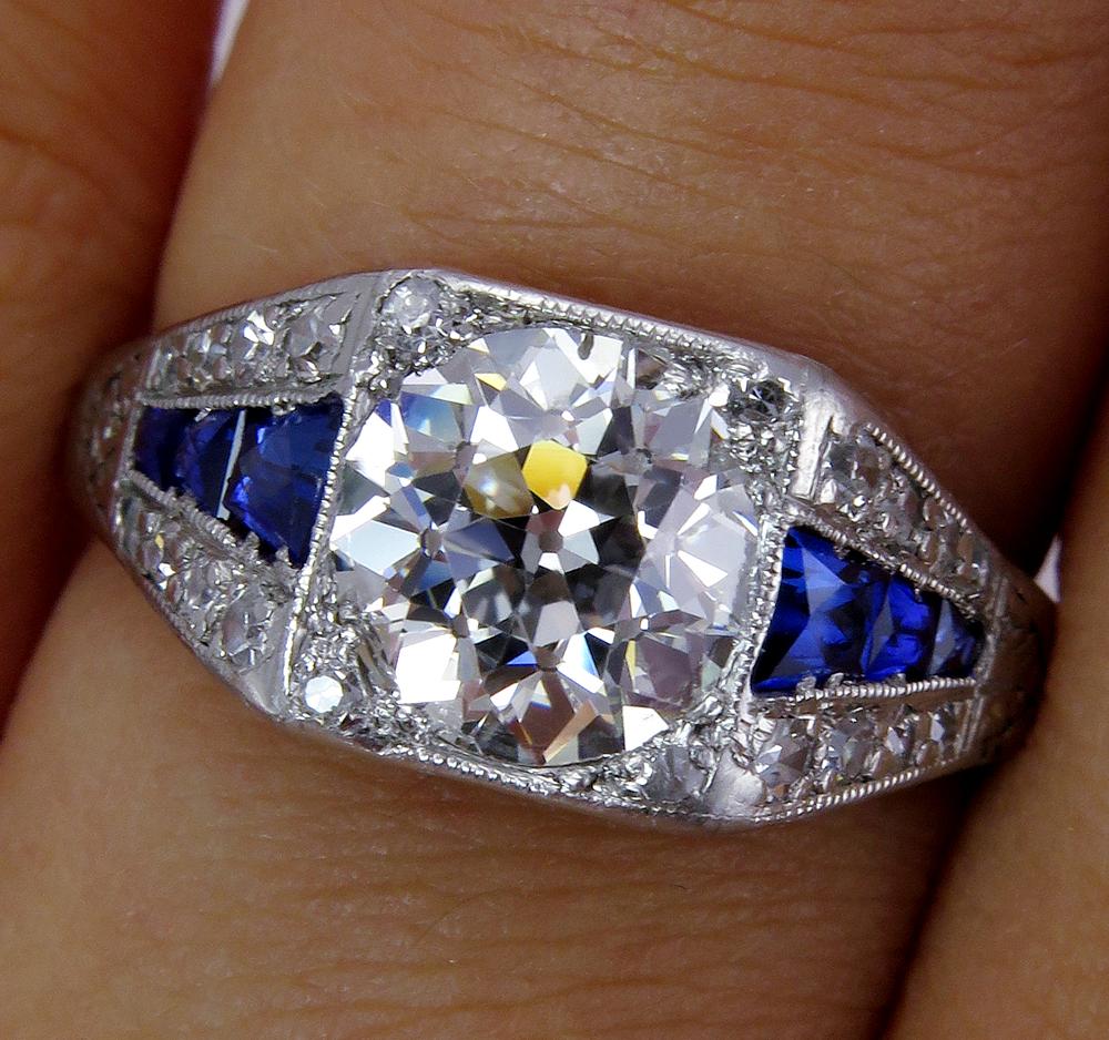 Art Deco GIA 2.37ct Old Euro Diamond & French Sapphire Platinum Engagement Ring 2