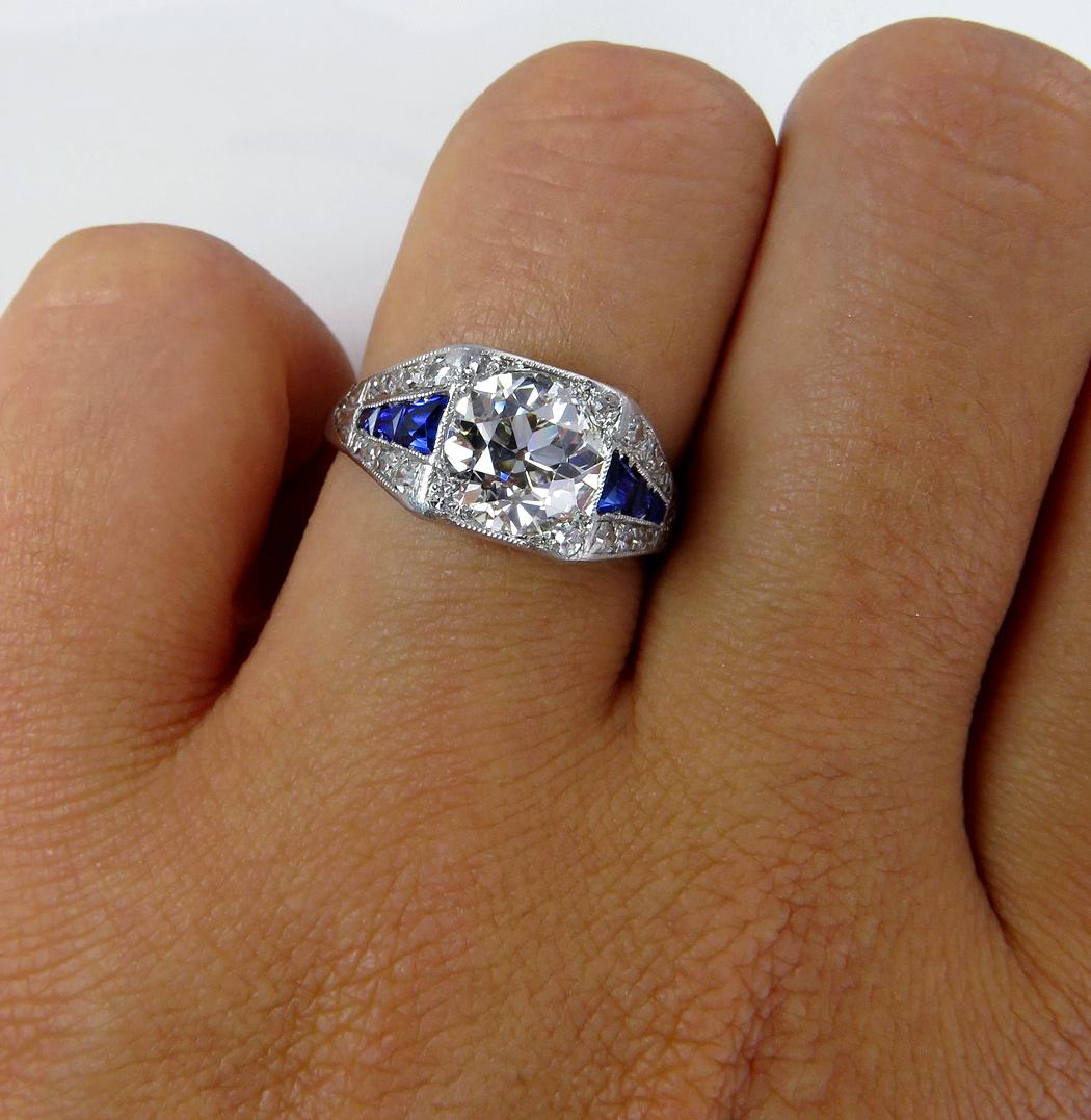 Art Deco GIA 2.37ct Old Euro Diamond & French Sapphire Platinum Engagement Ring 3