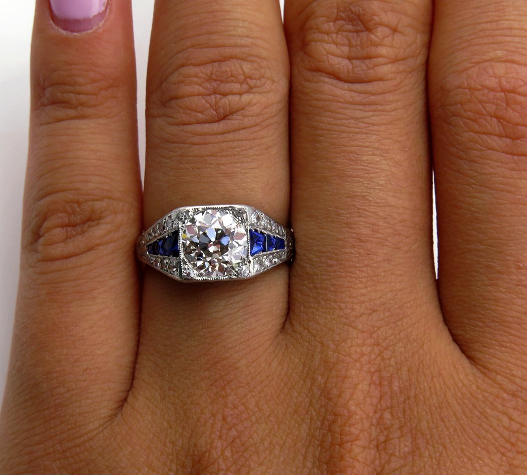 Art Deco GIA 2.37ct Old Euro Diamond & French Sapphire Platinum Engagement Ring 4