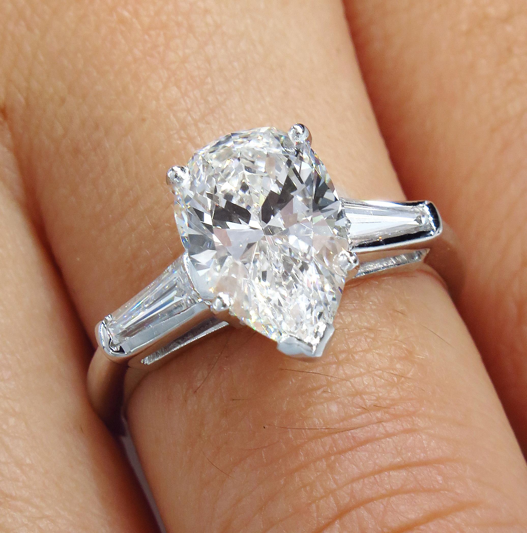 GIA 2.38 Carat Pear Shaped and Baguettes 3-Stone Diamond Platinum Ring 3