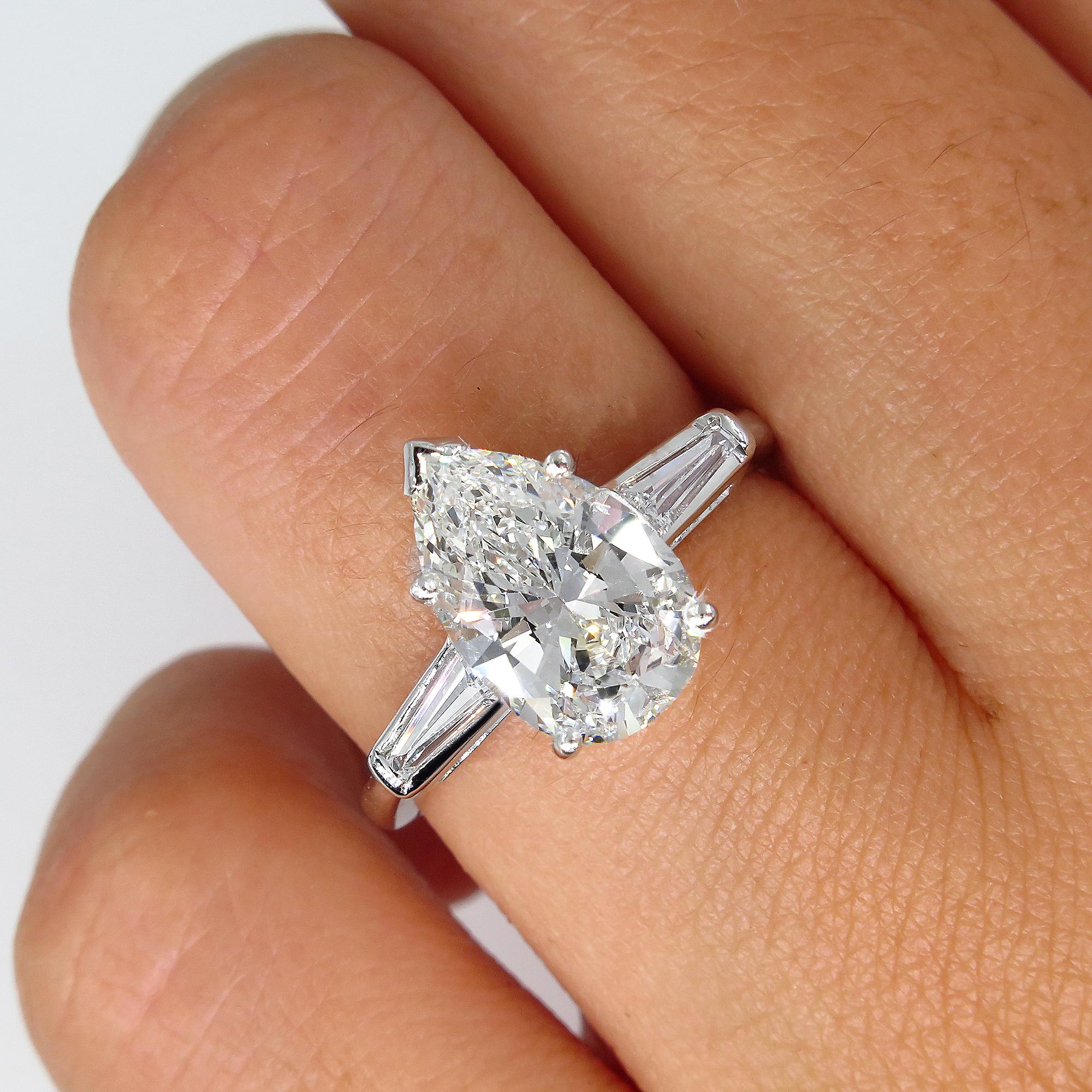 GIA 2.38 Carat Pear Shaped and Baguettes 3-Stone Diamond Platinum Ring 5