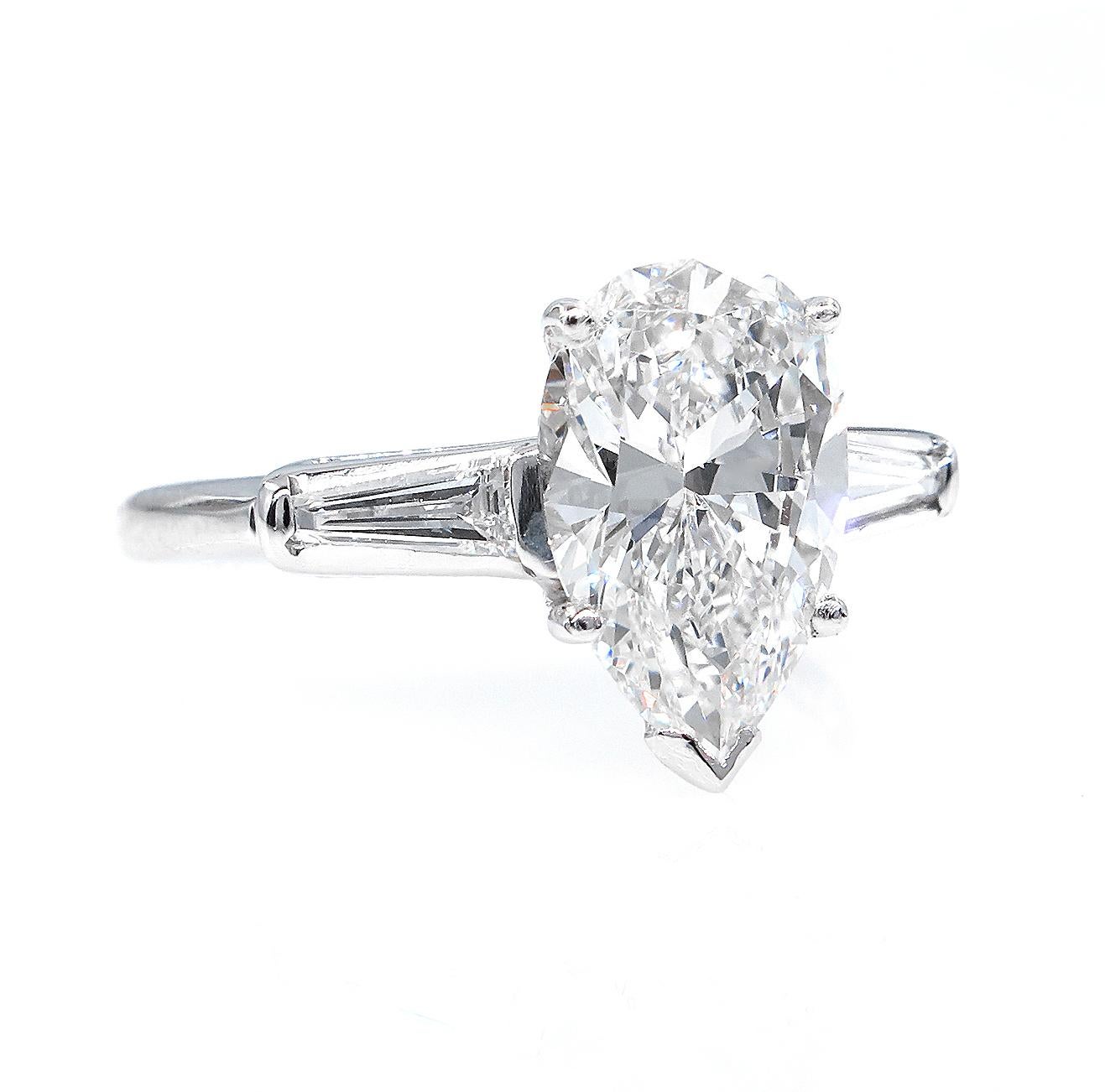 Pear Cut GIA 2.38 Carat Pear Shaped and Baguettes 3-Stone Diamond Platinum Ring