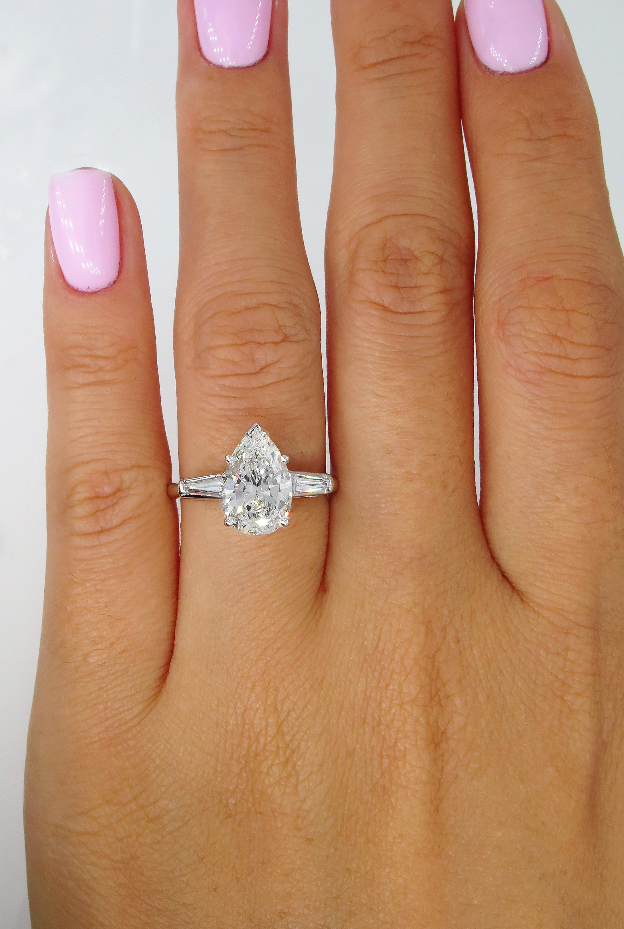 GIA 2.38 Carat Pear Shaped and Baguettes 3-Stone Diamond Platinum Ring 2