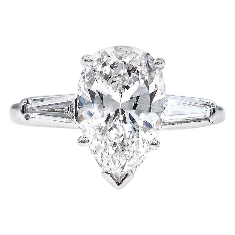 GIA 2.38 Carat Pear Shaped and Baguettes 3-Stone Diamond Platinum Ring