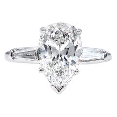 Vintage GIA 2.38 Carat Pear Shaped and Baguettes 3-Stone Diamond Platinum Ring