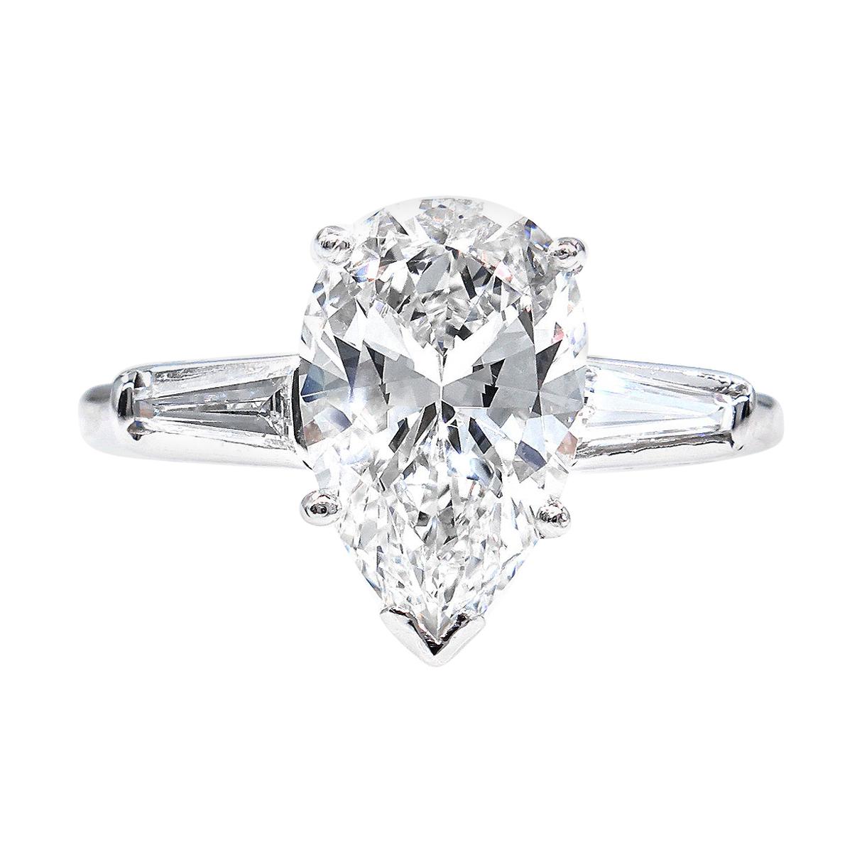 GIA 2.38 Carat Pear Shaped and Baguettes Diamond Solitaire Platinum Ring