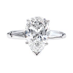 Retro GIA 2.38 Carat Pear Shaped and Baguettes Diamond Solitaire Platinum Ring