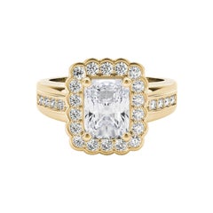 GIA 2.38 Carat Radiant Lace Flower Halo Vintage 18K Yellow Gold Diamond Ring