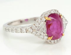 GIA 2.39 Carat Burma No Heat Red Ruby with Diamonds 18 Karat Gold Halo Ring