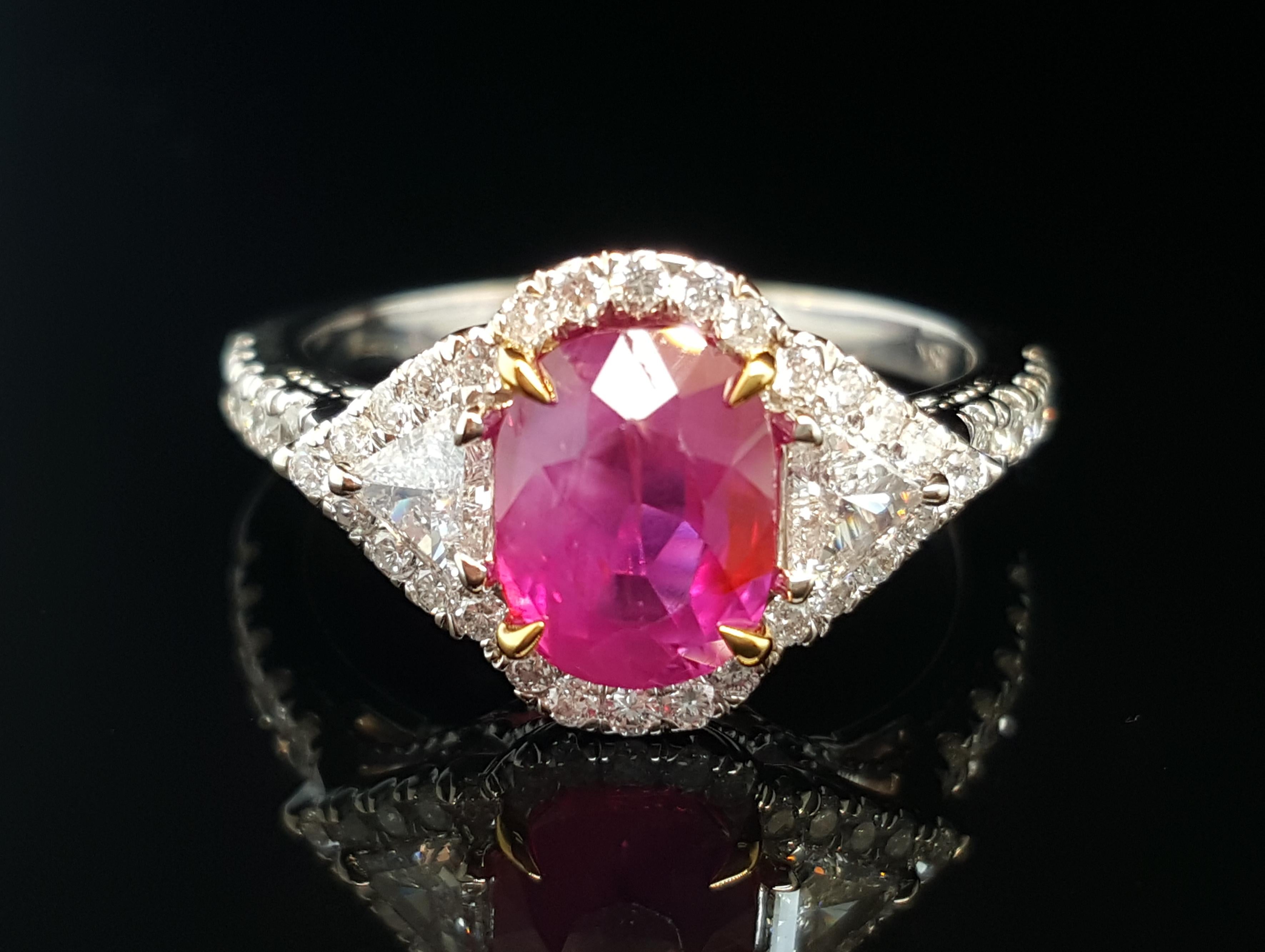 Art Deco GIA 2.39 Carat Burma No Heat Red Ruby with Diamonds 18 Karat Gold Halo Ring