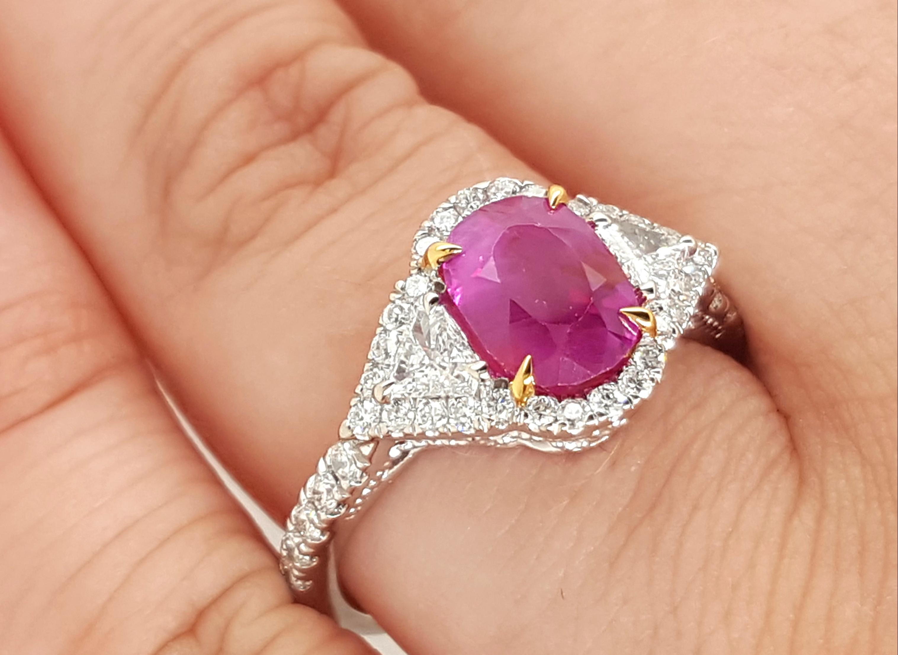 GIA 2.39 Carat Burma No Heat Red Ruby with Diamonds 18 Karat Gold Halo Ring In New Condition In Addison, TX