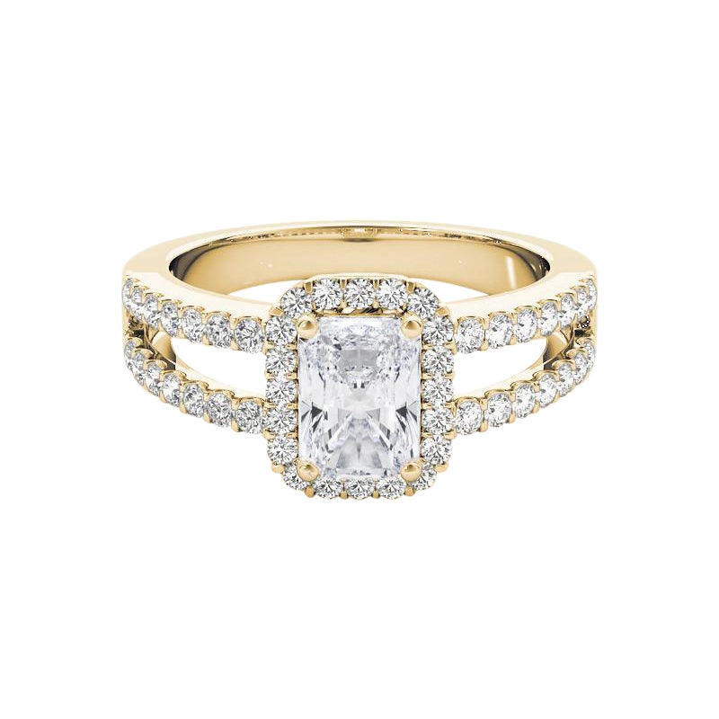 GIA 2.39 Carat Halo Radiant Filigree Split Shank 18K Yellow Gold Diamond Ring en vente