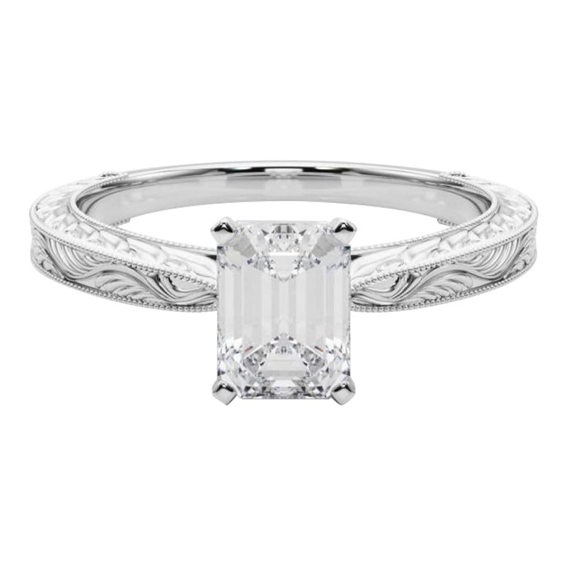 GIA 2.3ct Smeraldo Classico Solitario Anello con Diamante Antico Inciso in Oro Bianco