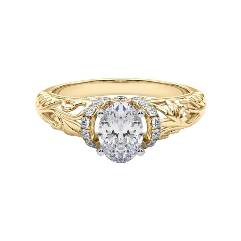 GIA Anello con diamanti ovali Chevron Halo Floral Filigree in oro giallo 18 carati da 2,3 carati