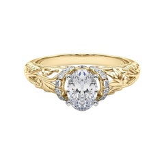GIA 2.3ct Oval Chevron Halo Floral Filigree 18K Yellow Gold Diamond Ring