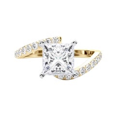 GIA 2.4 Carat Princess Curved Bypass Pave Shank 18K Yellow Gold Diamond Ring