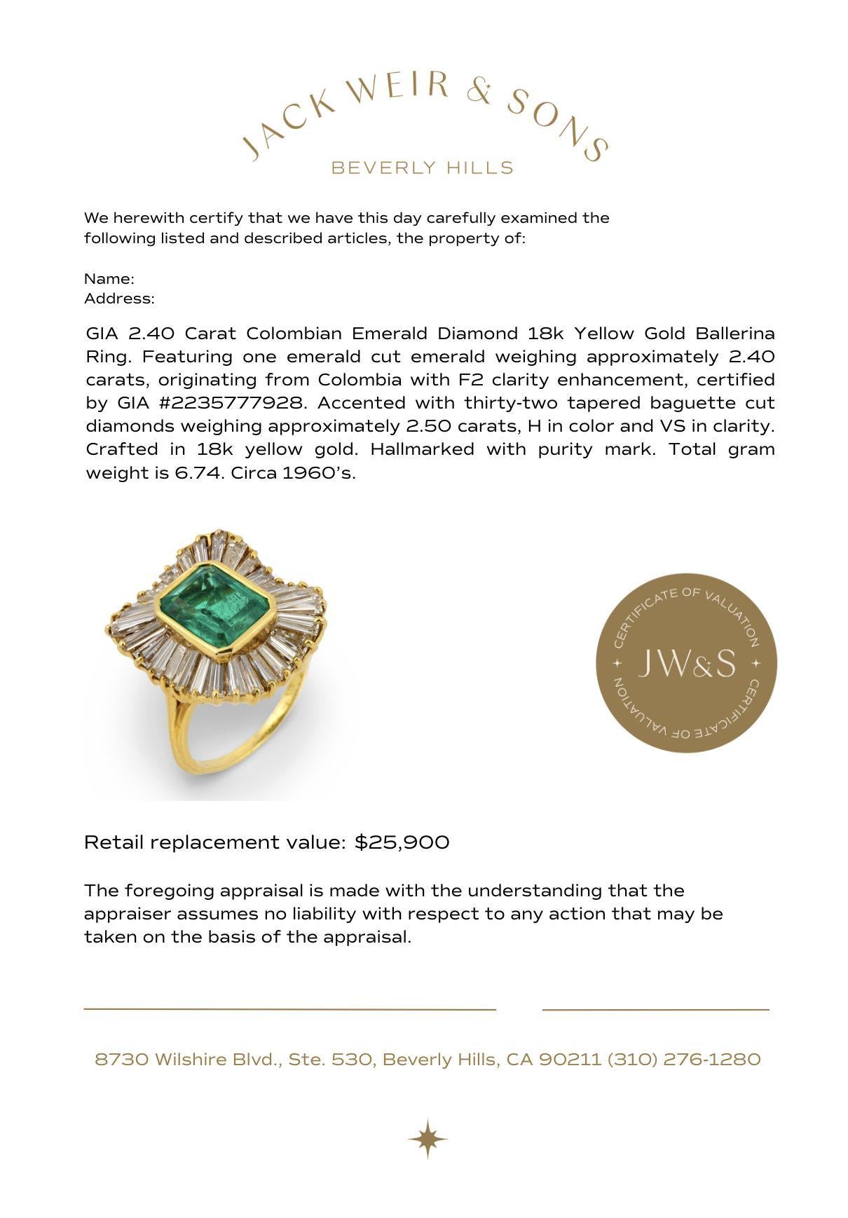 GIA 2,40 Karat kolumbianischer Smaragd Diamant 18k Gelbgold Ballerina Ring im Angebot 2