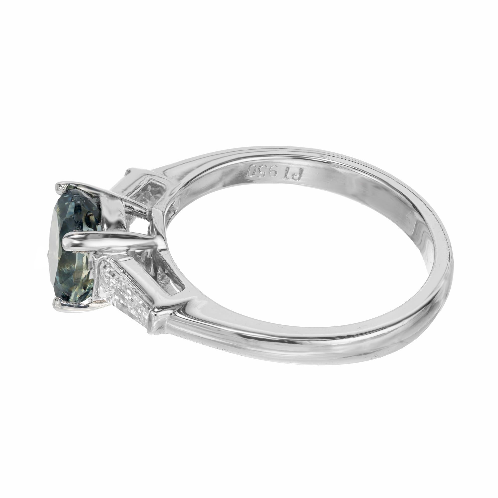 Oval Cut GIA 2.41 Carat Green Blue Oval Sapphire Diamond Platinum Engagement Ring For Sale