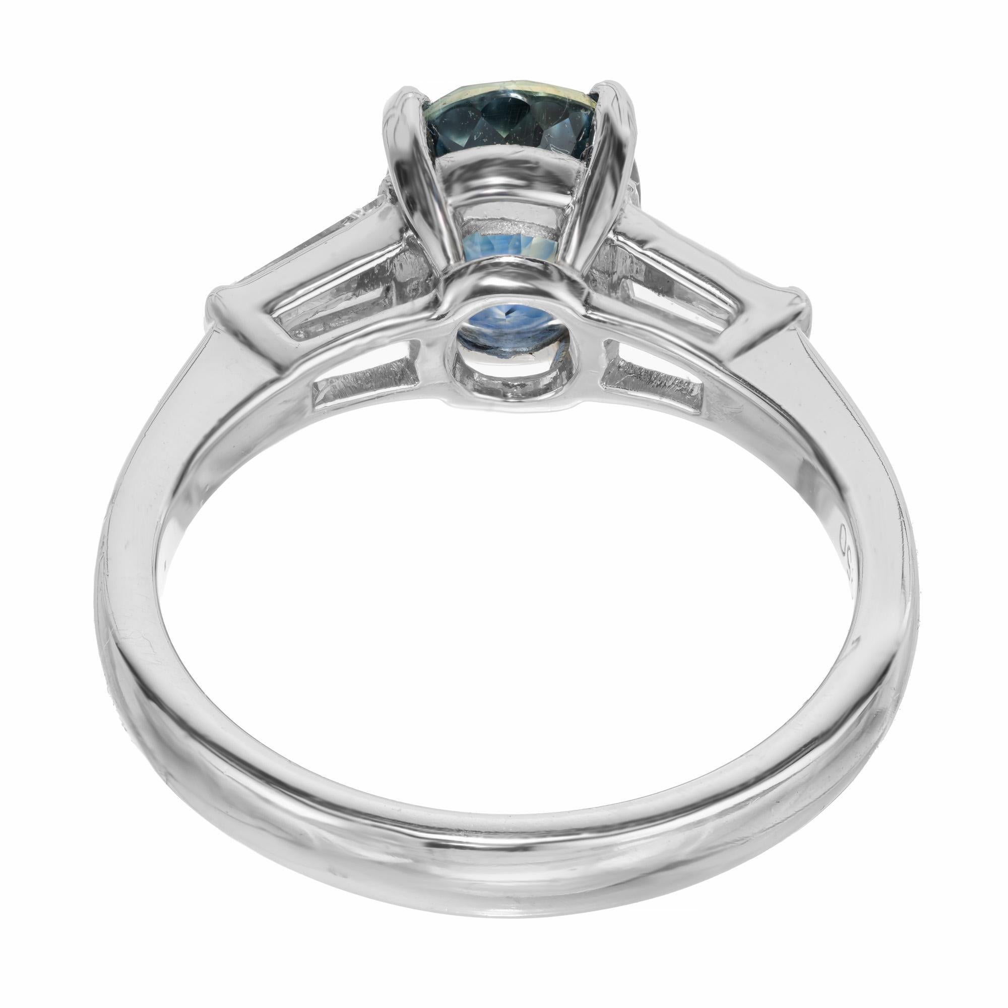 GIA 2.41 Carat Green Blue Oval Sapphire Diamond Platinum Engagement Ring In Excellent Condition For Sale In Stamford, CT