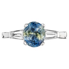 Retro GIA 2.41 Carat Green Blue Oval Sapphire Diamond Platinum Engagement Ring