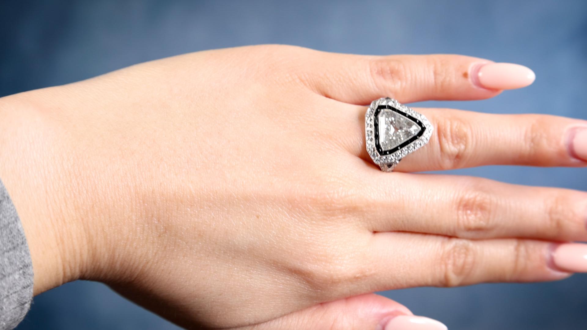 Old European Cut GIA 2.42 Carat Triangular Cut Diamond Onyx Platinum Ring For Sale
