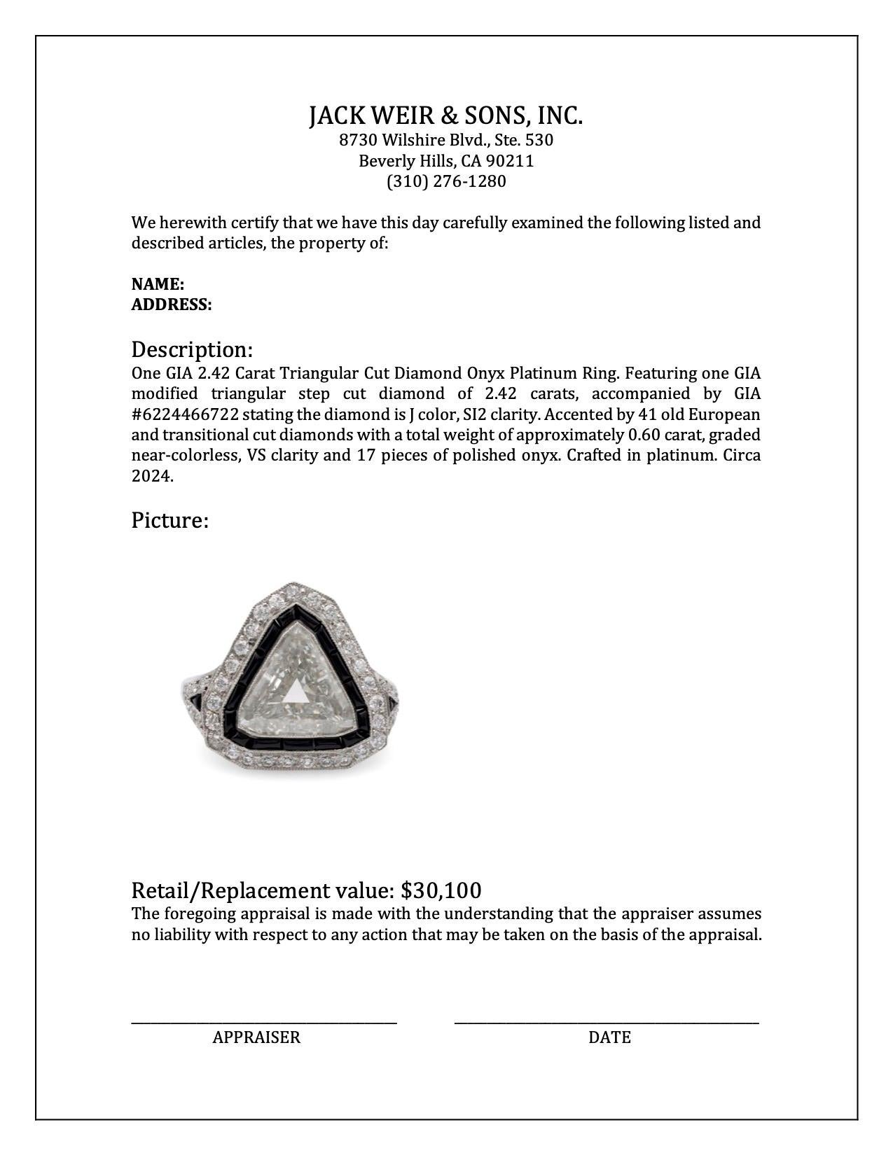 GIA 2.42 Carat Triangular Cut Diamond Onyx Platinum Ring For Sale 1