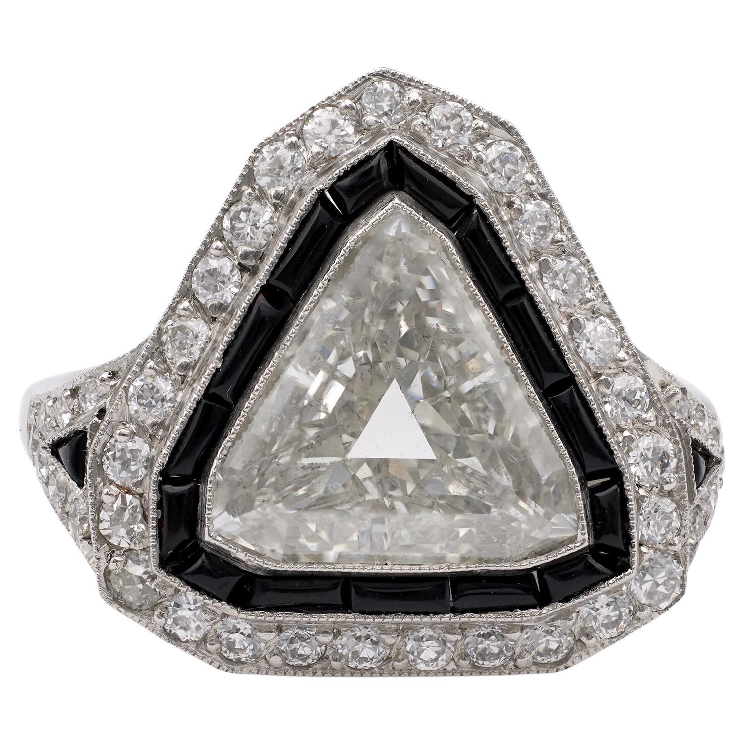 GIA 2.42 Carat Triangular Cut Diamond Onyx Platinum Ring For Sale