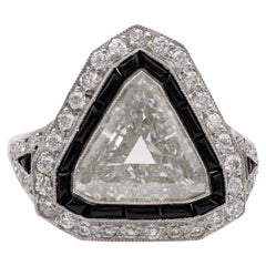 GIA 2.42 Carat Triangular Cut Diamond Onyx Platinum Ring