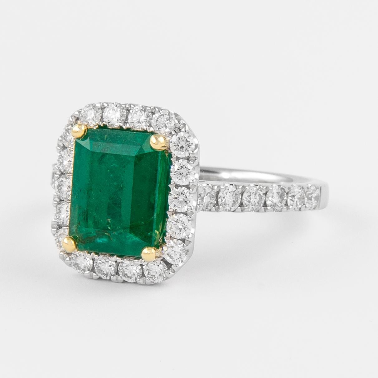 Emerald Cut GIA 2.42 Carat Emerald and Diamond Halo Ring 18k Gold For Sale