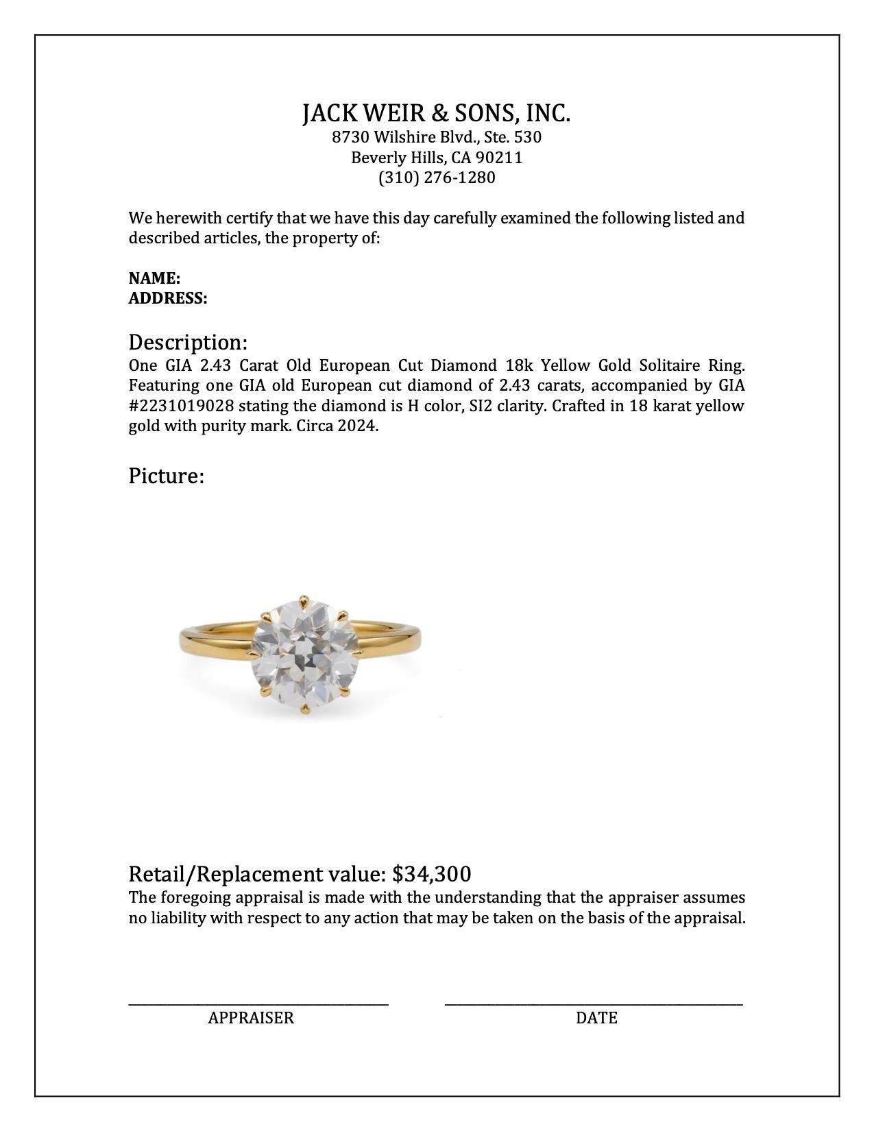 GIA 2.43 Carat Old European Cut Diamond 18k Yellow Gold Solitaire Ring For Sale 3