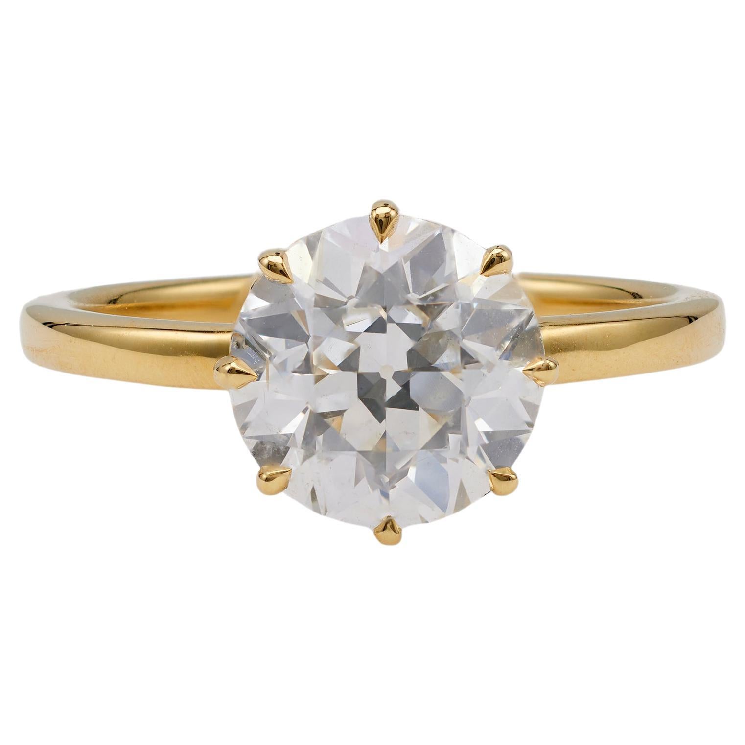 GIA 2.43 Carat Old European Cut Diamond 18k Yellow Gold Solitaire Ring For Sale