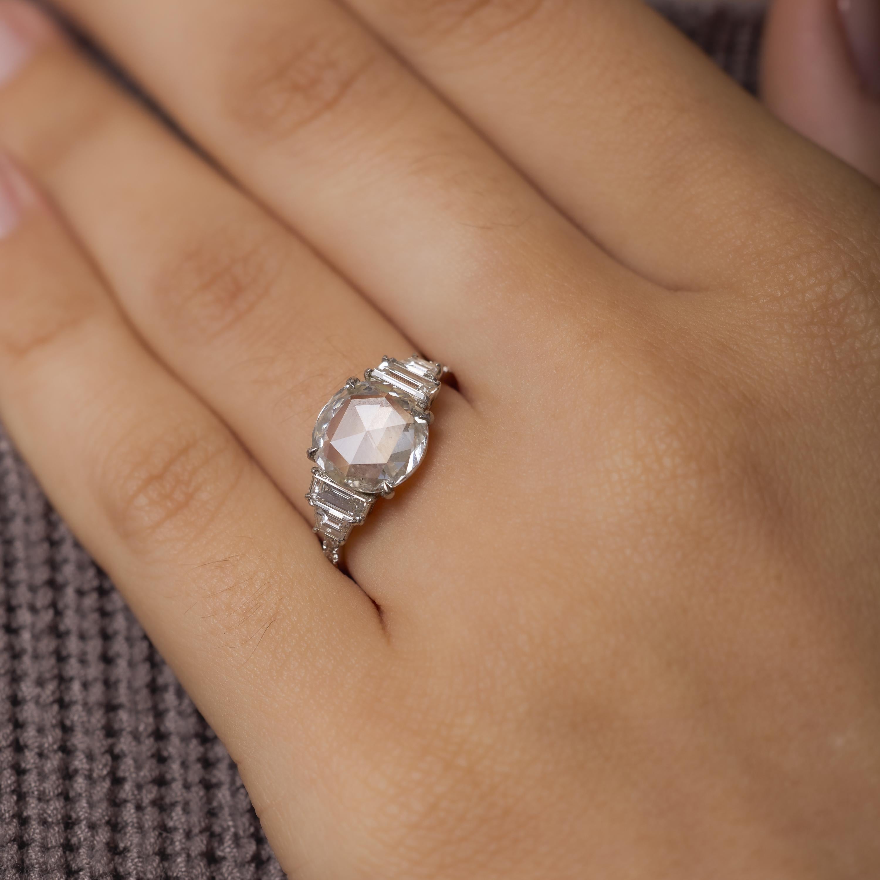Rose Cut GIA 2.45 carat rose cut diamond platinum engagement ring For Sale