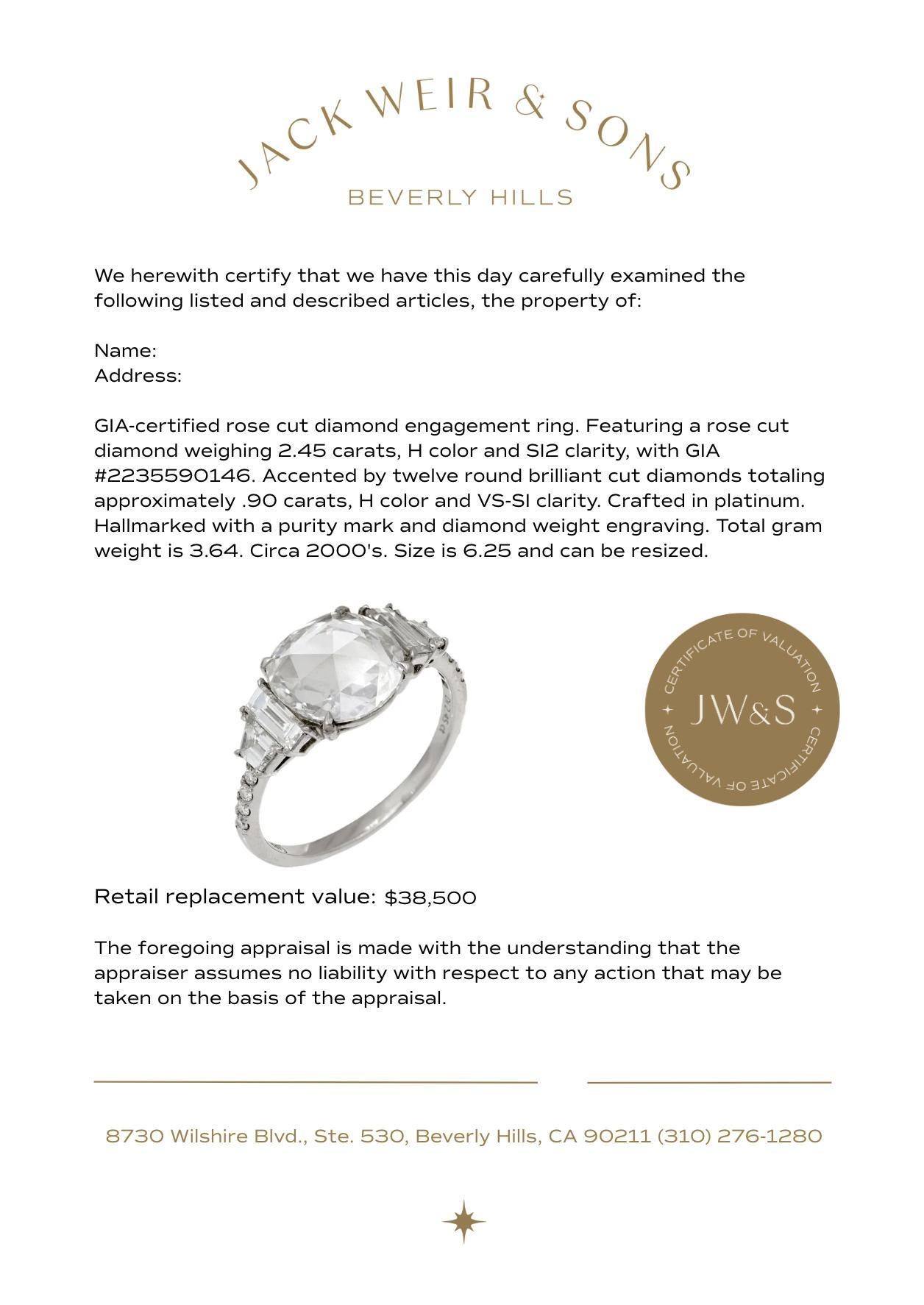 Women's GIA 2.45 carat rose cut diamond platinum engagement ring For Sale