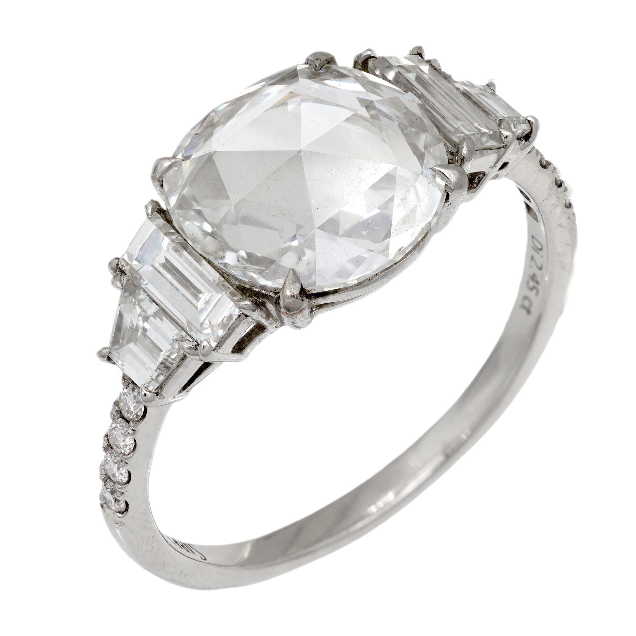 GIA 2.45 carat rose cut diamond platinum engagement ring For Sale