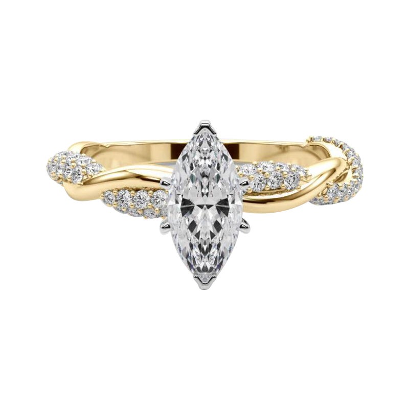 GIA 2,46 Carati Marquise Twisted Pave Braided Band Anello con diamanti in oro giallo 18K