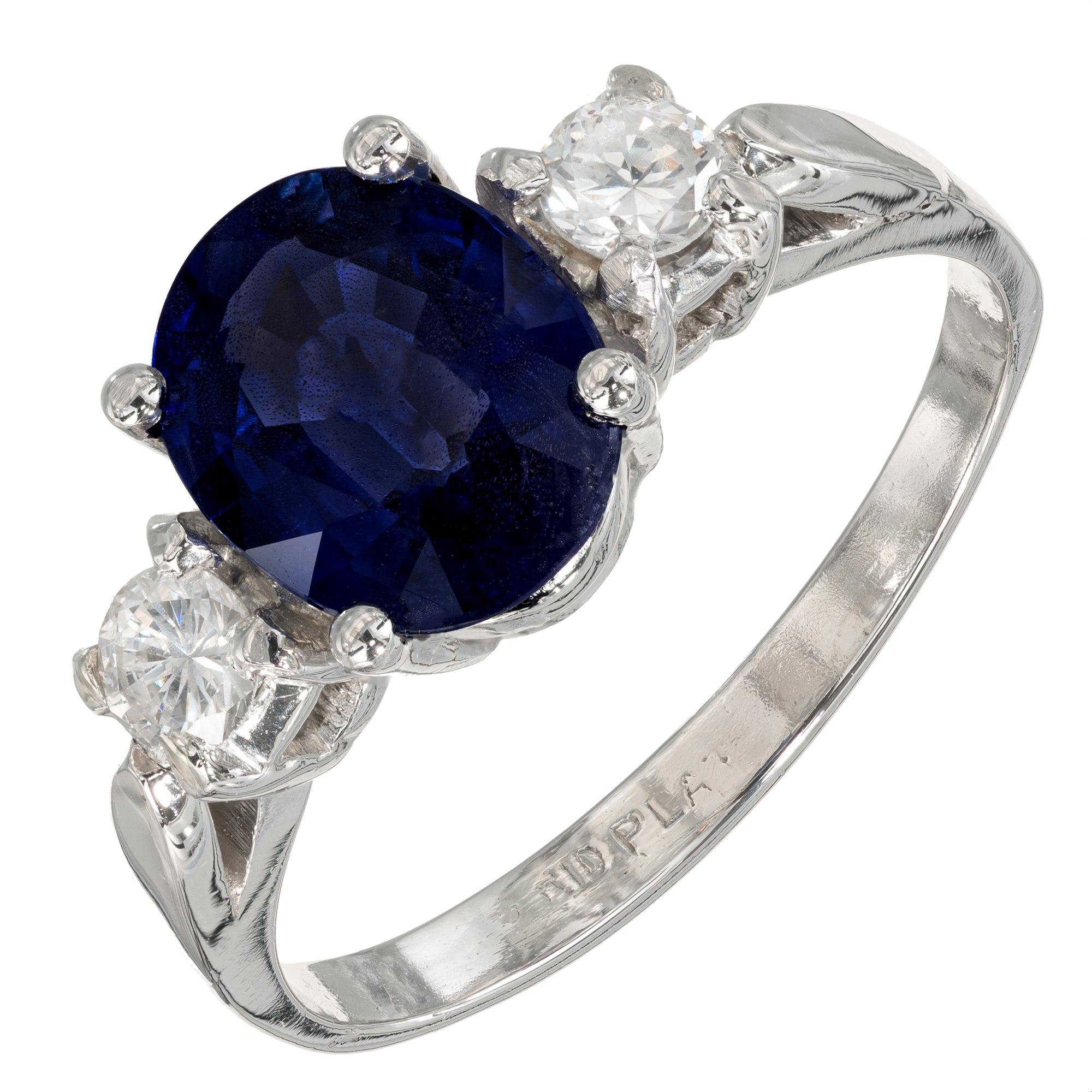 GIA 2.46 Carat Oval Sapphire Diamond Platinum Three-Stone Engagement Ring