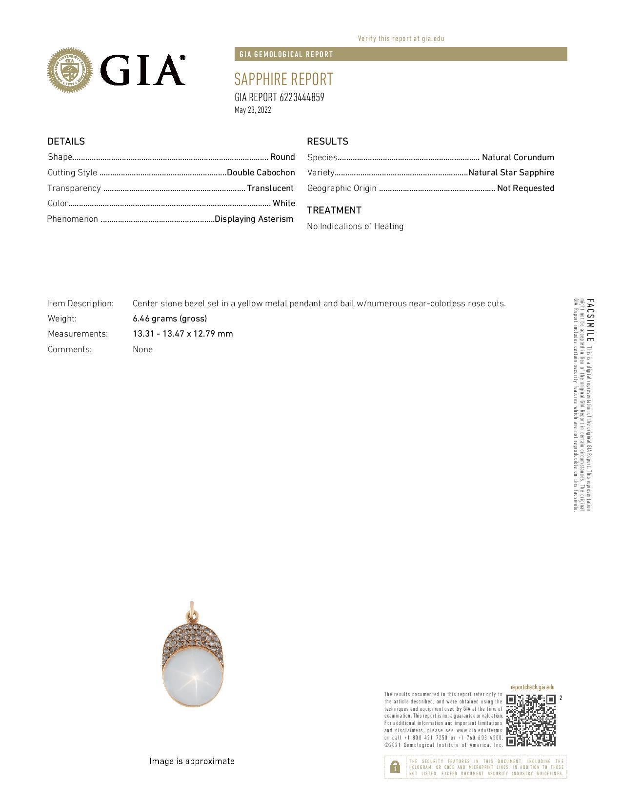 Round Cut GIA 24.67 Carat Star Sapphire Diamond Rose Gold Jockey Cap Pendant Necklace