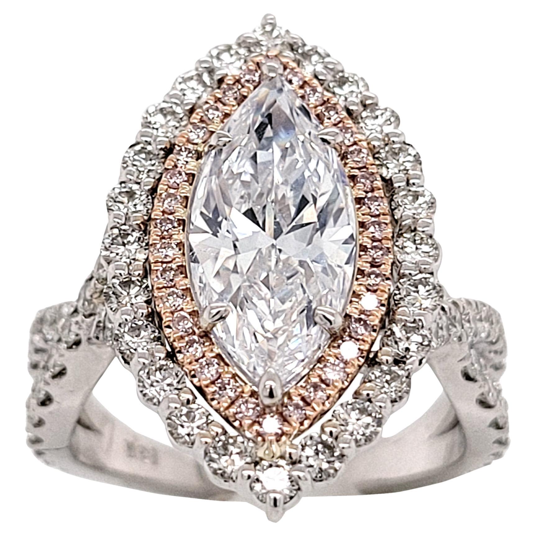 Bague de fiançailles à tige torsadée en or 18 carats avec double halo de diamants marquises de 2,47 carats certifiés GIA J/SI2