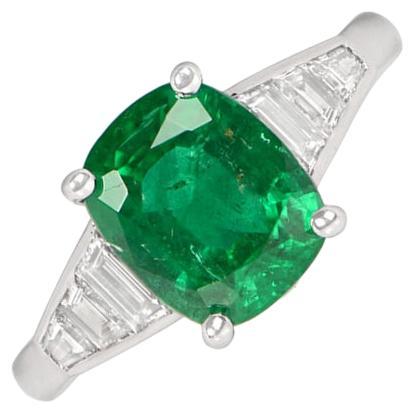 GIA 2.48ct Cushion Cut Natural Emerald Engagement Ring, 18k White Gold For Sale