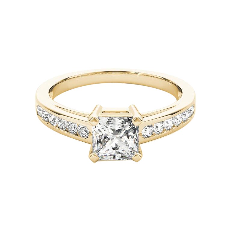 GIA 2.4ct Princess Single Row Channel Set Cathedral Yellow Gold Diamond Ring (Bague en or jaune cathédrale avec diamant)