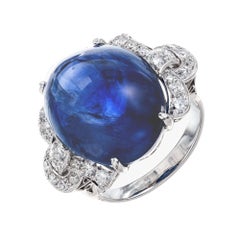 GIA 25.00 Carat Sri Lanka Cabochon Sapphire Diamond Platinum Cocktail Ring
